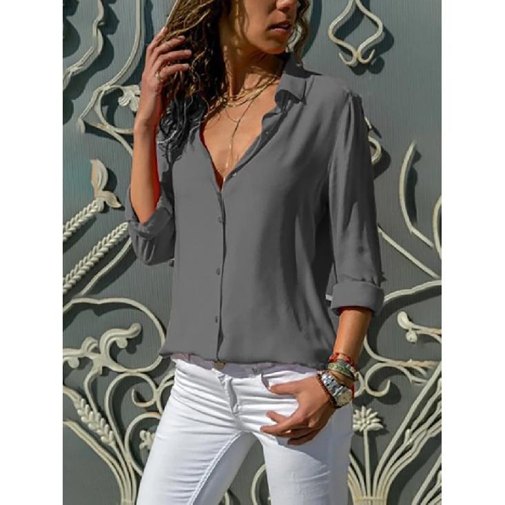 Damen Elegante Einfarbige Chiffonbluse Frühling Sommer Lässig Langarm V-Ausschnitt Locker geschnittenes Hemd Büro Dame Tuniken Übergroße Oberteile 2026
