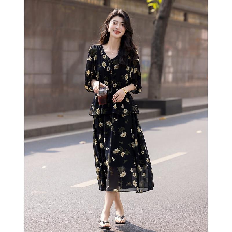 Demana French V-Neck Puff Sleeve Chiffon Midi Dress M
