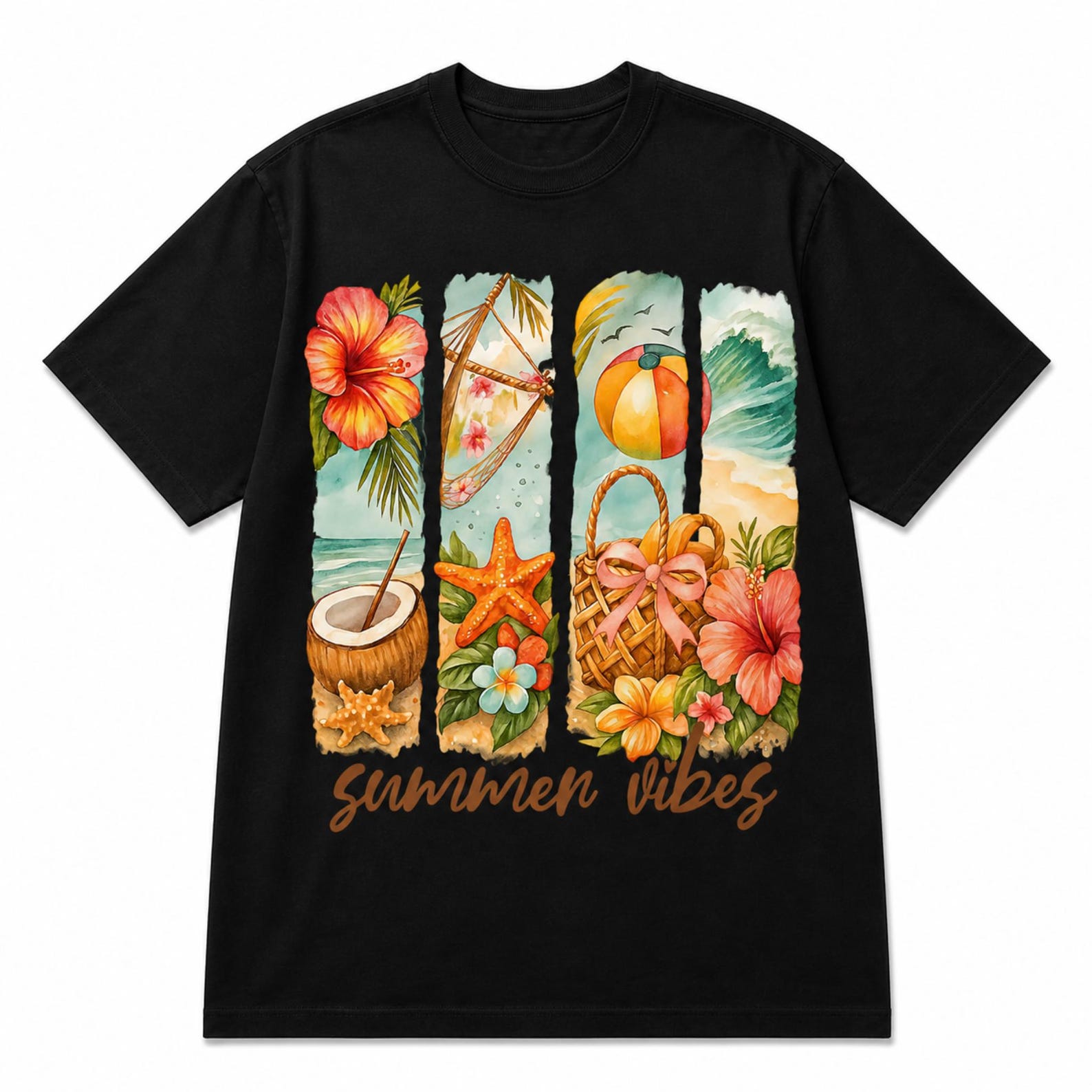 Summer Vibes Watercolor T-Shirt, Tropical Beach Vacation Tee, Hibiscus Floral Coastal Apparel 3XL