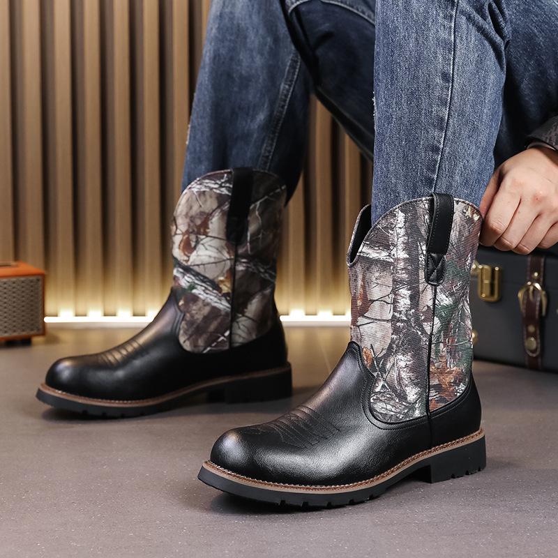 Men's Large Leather High-Top Boots - Autumn/Winter Fashion, Trendy Western Cowboy, Thick Sole, Non-Slip Knight Design