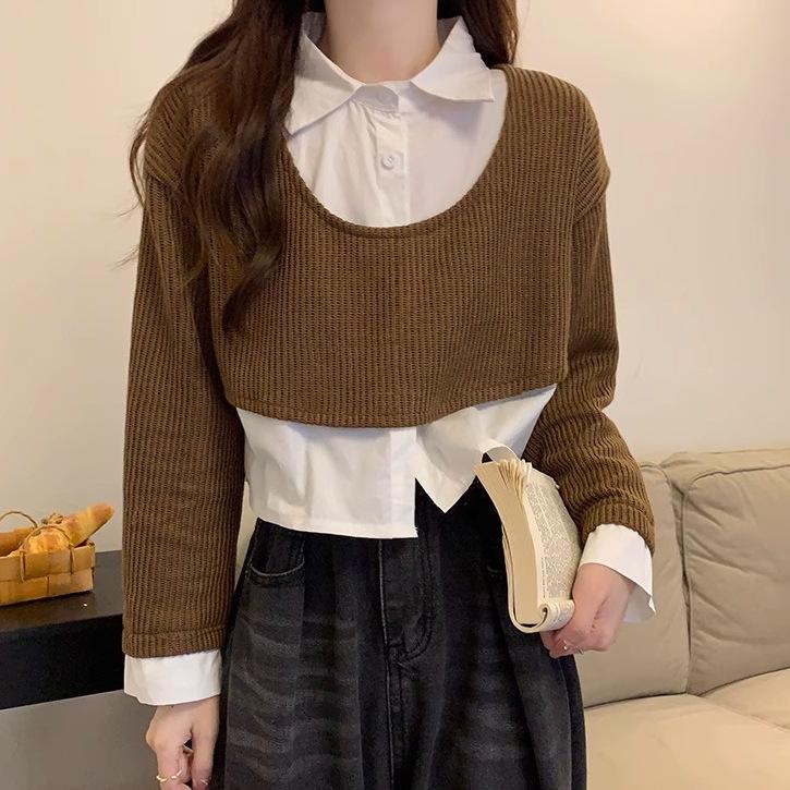 

Женский вязаный свитер в стиле французский шик: Изделие из двух частей, с воротником-стойкой и длинными рукавами для осени/зимы One Size хаки