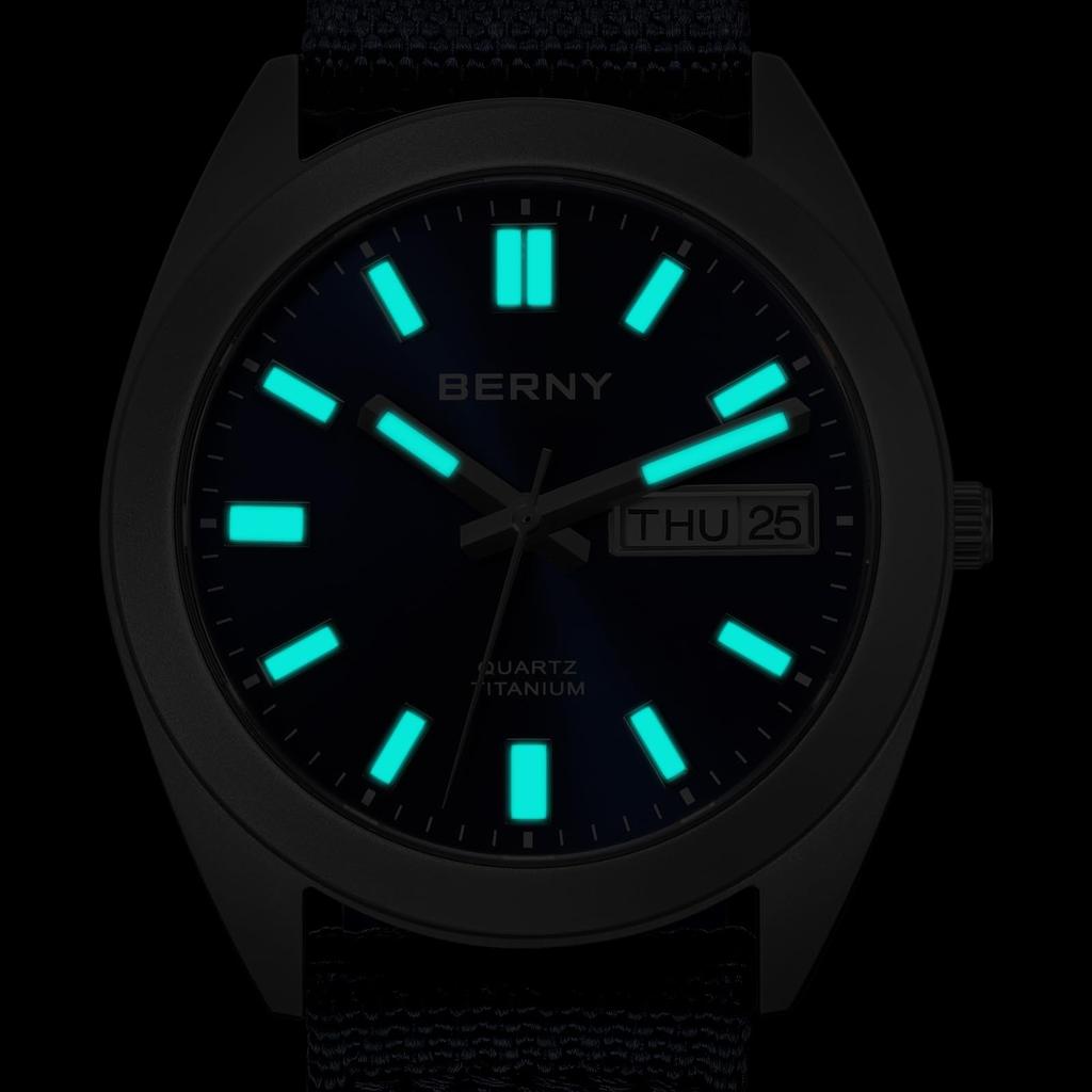 BERNY Men's Titanium Analog Quartz Watch, Japanese VJ53 Movement, 10 ATM Waterproof, Sapphire Glass, Super Luminous, Calendar, Blue Dial