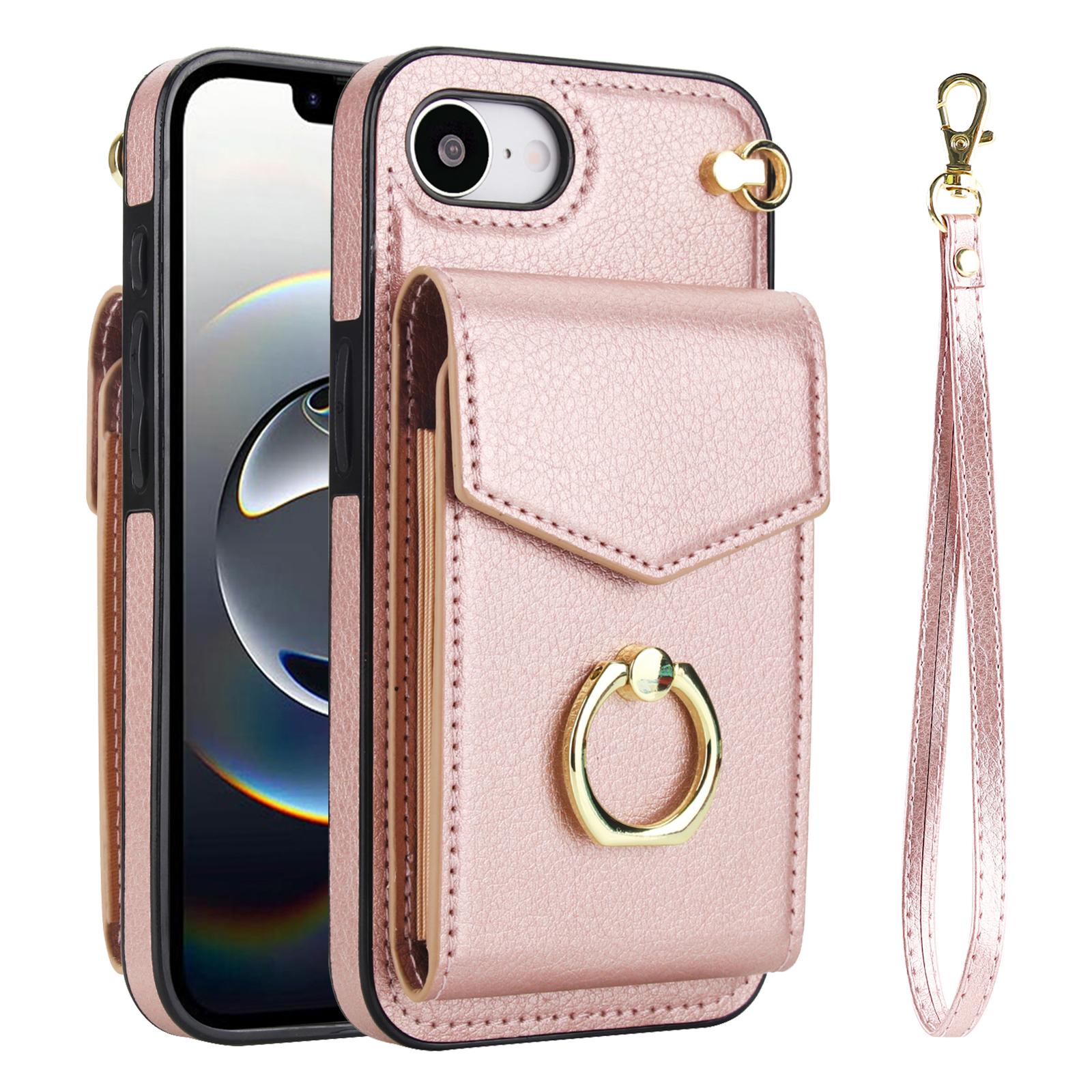 

For iPhone 16e Case Leather+TPU Accordion Card Bag Phone Cover with Ring Kickstand Rose Gold