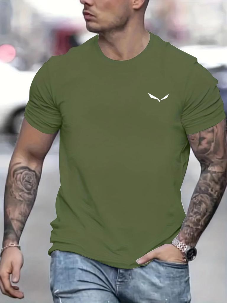 Men's Summer Loose-fitting T-shirt, 100% Polyester Bird Print Slim Casual Round-neck Short-sleeved