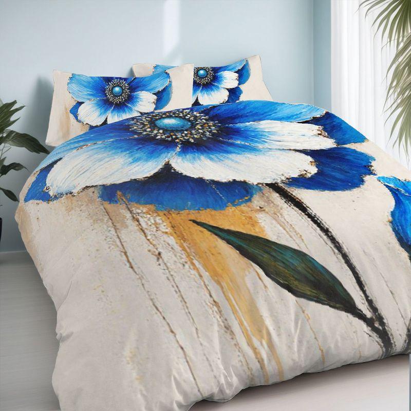 3-Piece Bedding Pillowcase Quilt Cover Set Blue Floral 2D Digital Printing Suitable For Bedroom Dormitory Decoration