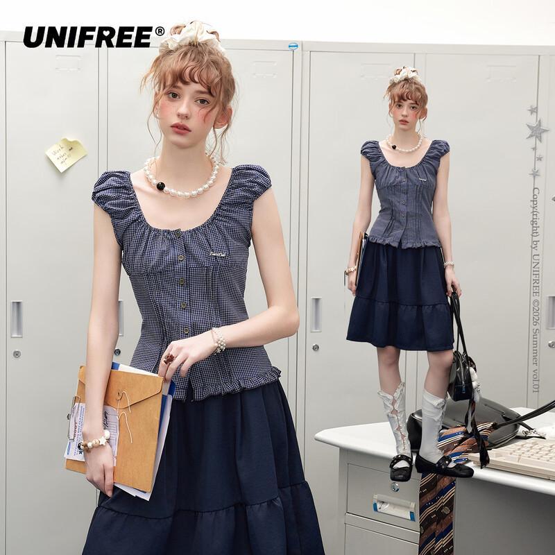 Retro Plaid Slim-fit Square Neck Shirt