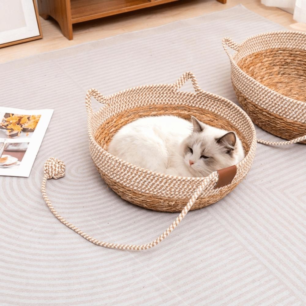 Pet Mat Wear-Resistant Woven Cat Nest Anti-slip Round Cat Teaser Ball Breathable with Ball Pet Sofa Bed Nail Trimming