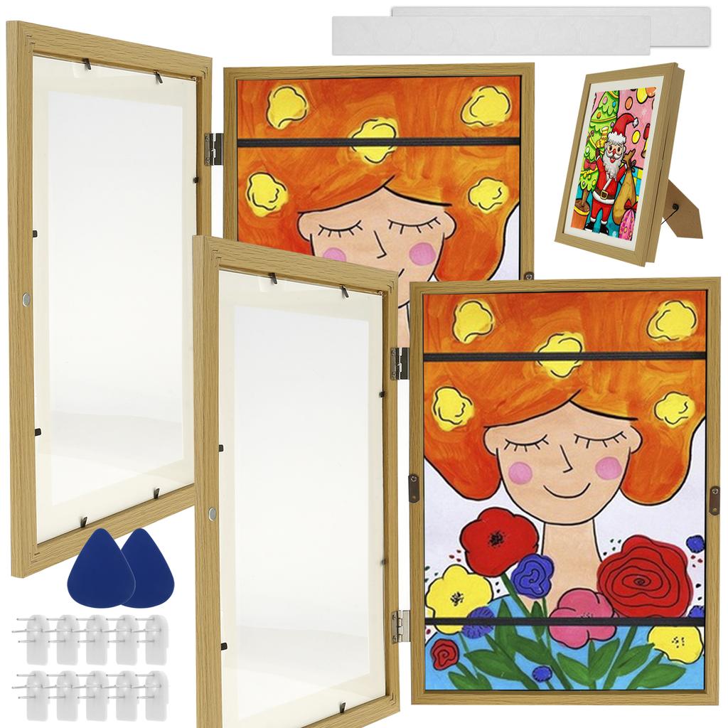 Kids Art Frame Set A4 Front Opening Photo Frames with Stand Wooden Kid Artwork Painting Display Frame for 100 Pictures Organizer