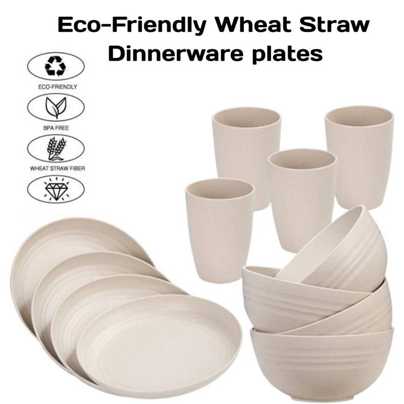 Eco Wheat Straw 12pcs Dinnerware Set Unbreakable Plates Bowls Reusable Plastic Tableware Lightweight for Family Gathering Party Use