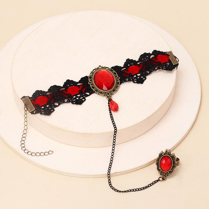 Nueva y elegante pulsera de encaje estilo gótico con rosa roja y anillo ajustable.