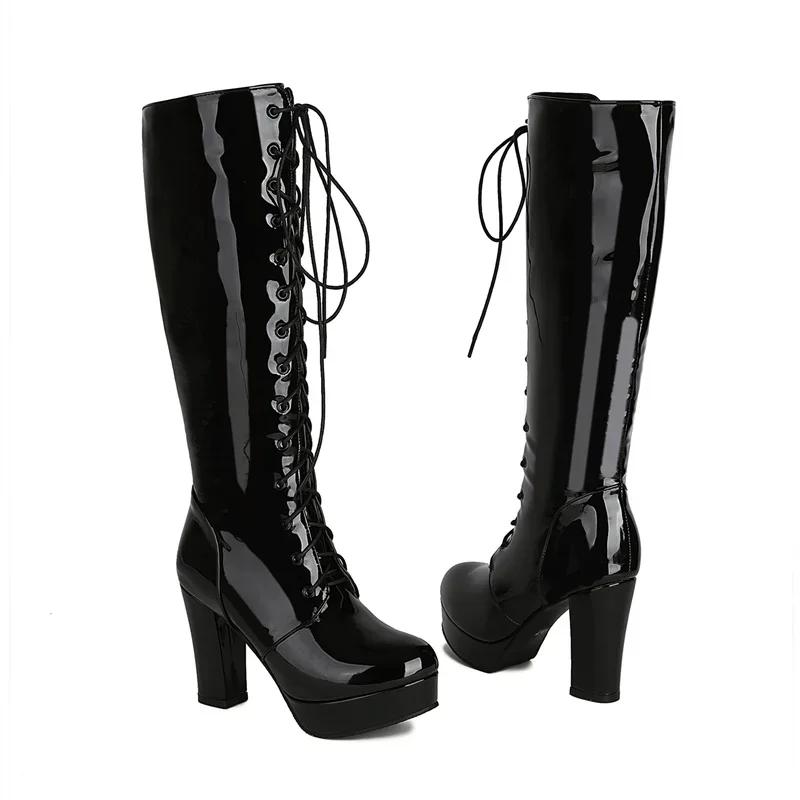 Shiny Gold Red Patent Leather Knee High Boots Women Thick Heels Dress Party Sexy Lady Lace-up Zipper Platform Long Riding Boots