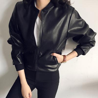 Frühling Herbst Koreanisch Elegant PU Leder Cropped Baseballjacke Locker Reißverschluss Biker Mantel Top