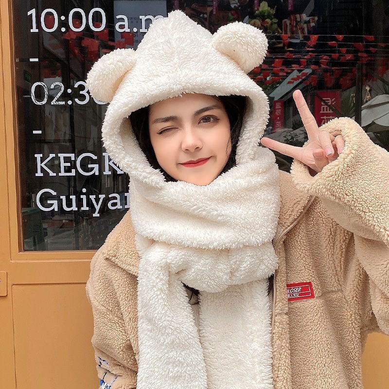 Bear Ear Protection Hat Female Cute Hat Scarf Integrated Female Gloves Three-piece Set Thickened Warm Double Layer Cold Protection