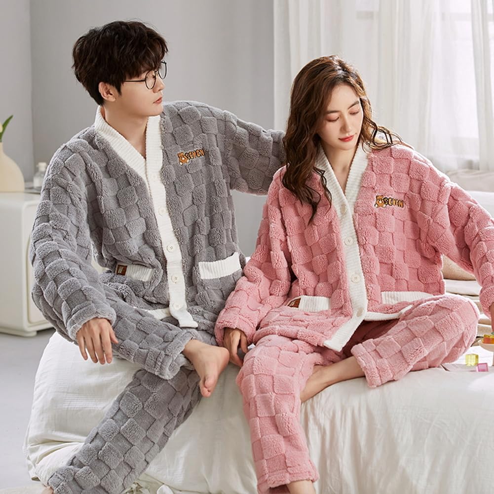 Matching Long Top and Bottom Set D.IIZOO Pajamas, Sleeves, Open-Front, Winter, Fluffy, Warm, Cute, Thick, Loungewear, (Size L, Pink)