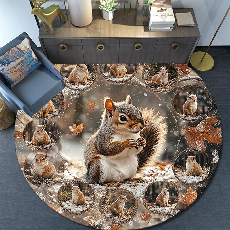 Squirrel Round Area Rug,Carpet Rug for Living Room Bedroom Sofa Playroom Decor,Non-slip Floor Mat