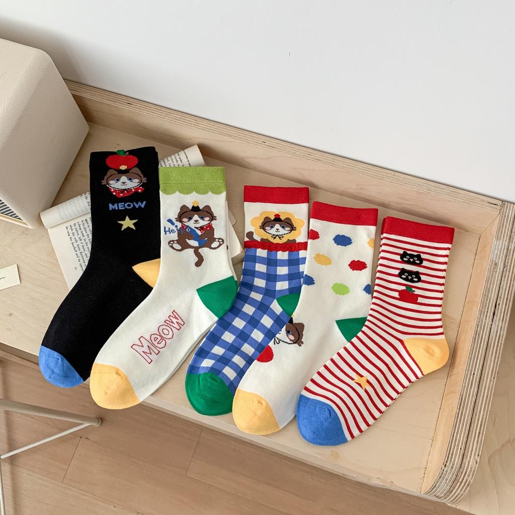 Autumn Women's Socks, Mid-calf Socks, Cartoon Cat Through-pile Socks, Student Socks for Women