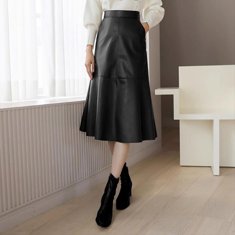 

Женская кофейная миди-юбка из искусственной кожи с высокой талией - Осенне-зимняя повседневная юбка-зонт Small