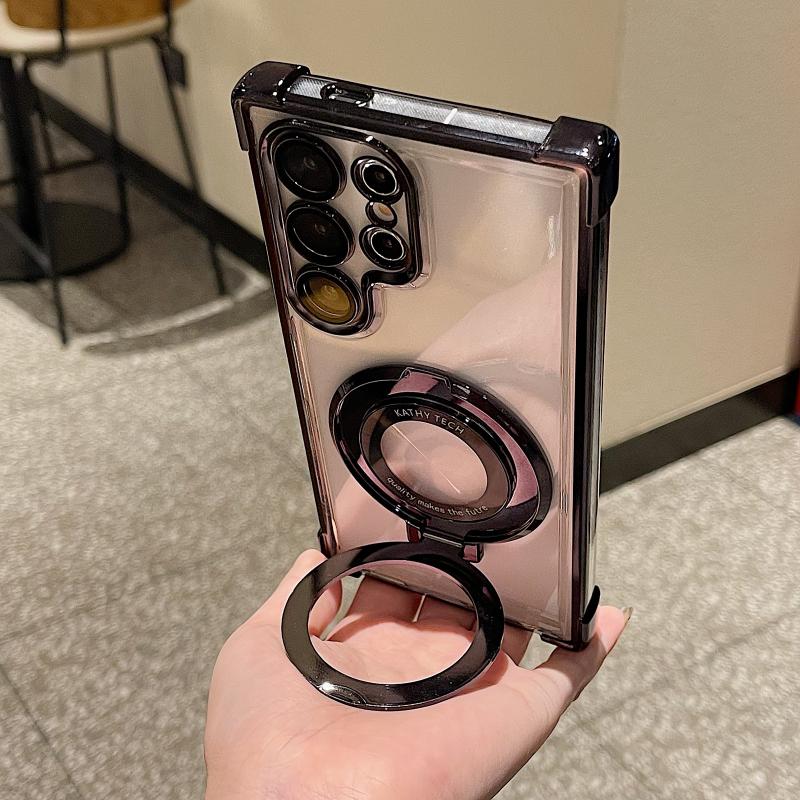 Luxury Plating Magnetic Wireless Charging Holder Stand Clear Case For Sunsamg S24 S23 S22 S21 Ultra Plus Shockproof Phone Case