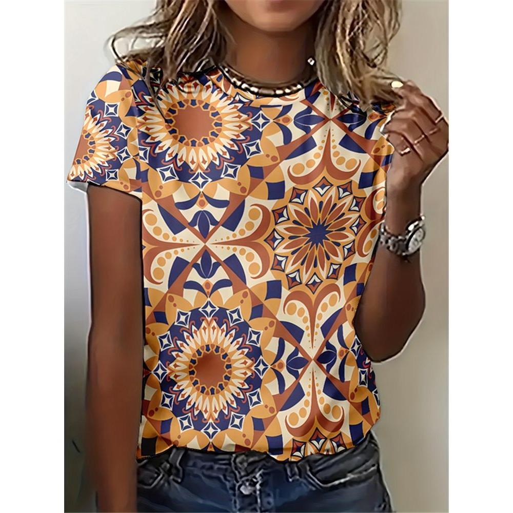 3D printed pattern T-shirt, summer and spring short sleeved round neck casual top, women's clothing