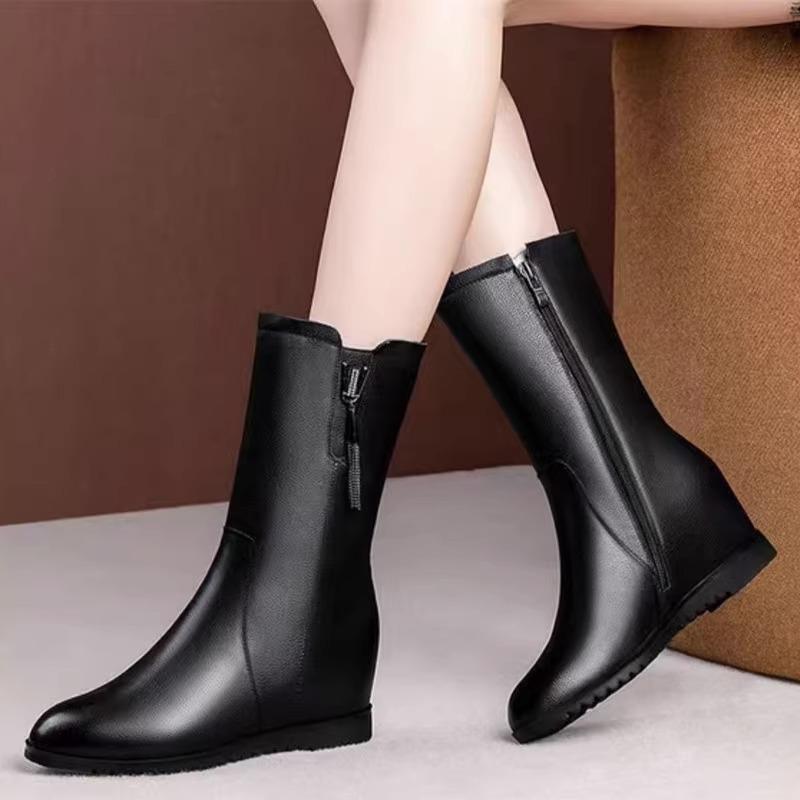 2025 autumn and winter new flat bottom inner height increase medium boots versatile side zipper round head Martin boots mother leather boots