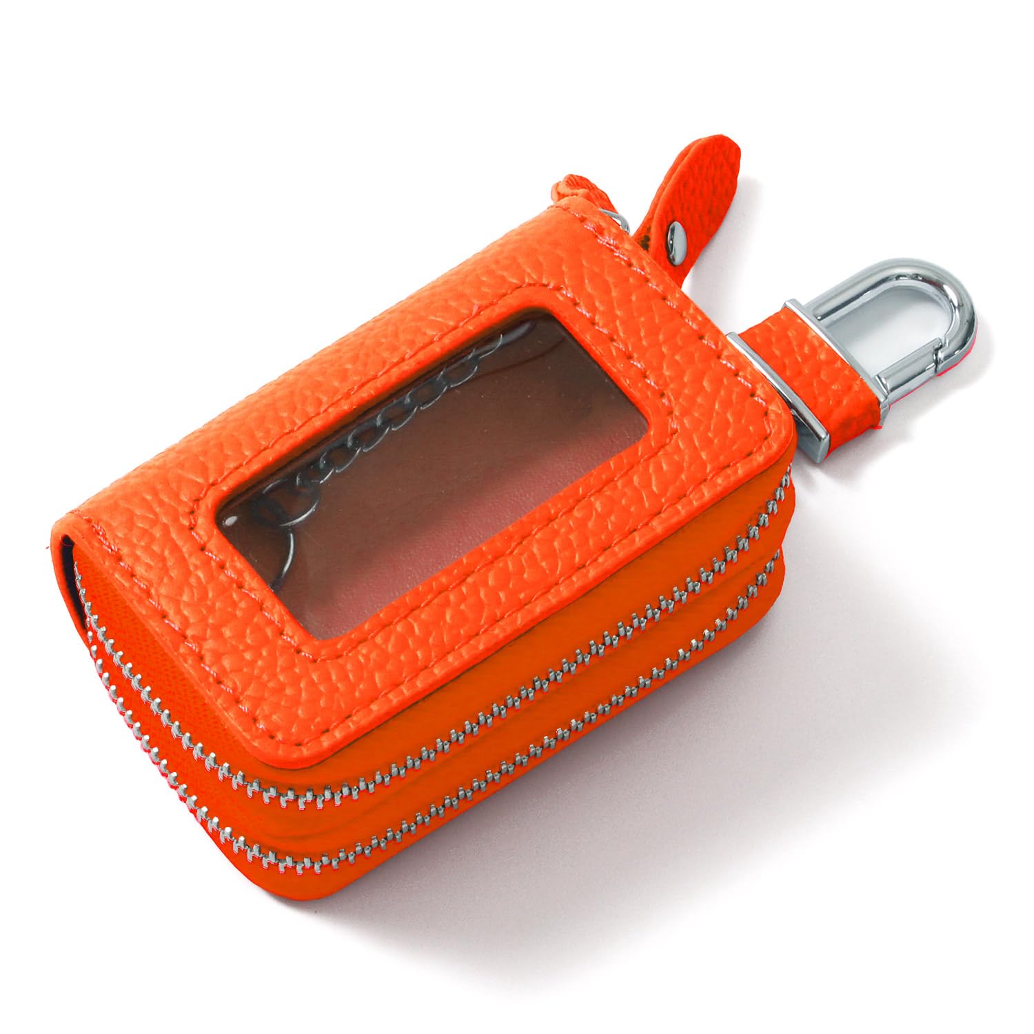 

[Big Brave] Clear Smart Key Case with Window Double Zipper 2 Pieces Storage Case Genuine Leather Name Key Case Smart Key case-ren-3 Orange