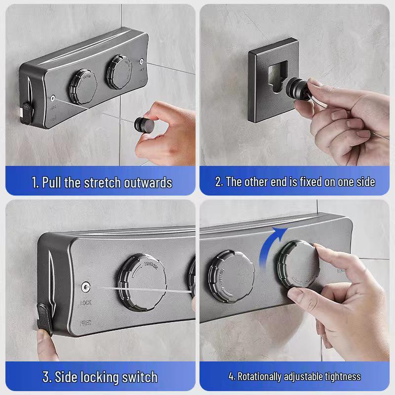 Dual-Line Retractable Indoor Clothesline, Wall-Mounted Stainless Steel, No-Drill Installation