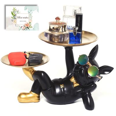 Haodeliy 2 Plates Lying Dog with Two Gold Storage French Bulldog Figurine with Gift Card Dog Offering Funny Birthday Creative Decorative Dog Key