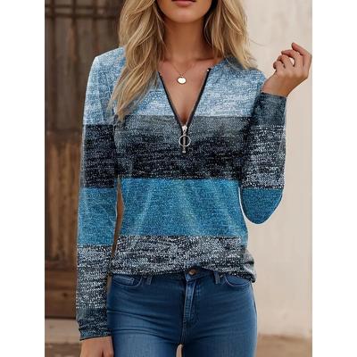 Herbst und Winter Europäisch und Amerikanisch Beliebt V-Ausschnitt Reißverschluss Spleißen Langarm Bedruckt Ausgebrannte Blume Damen T-Shirt
