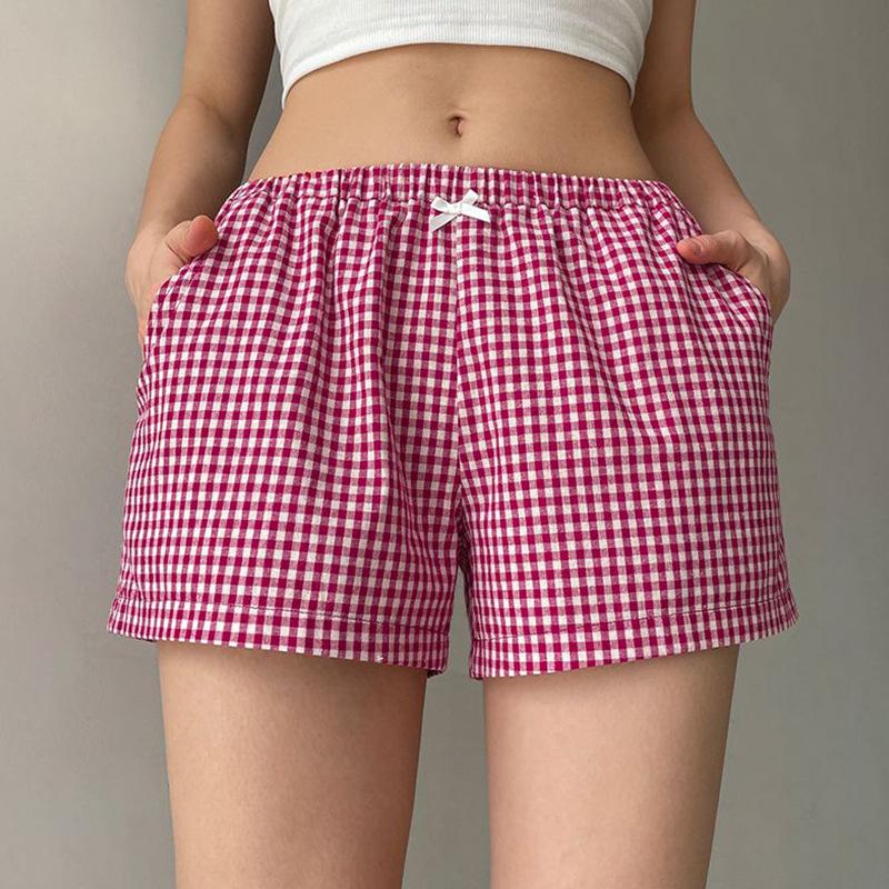 Summer casual fashion retro bow decoration red checkered women's shorts
