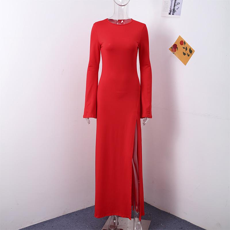 

Красные вечерние платья для женщин с круглым вырезом, длинными расклешенными рукавами, высоким разрезом по бокам, выпускное платье, одежда для весны и лета, новая мода L красный