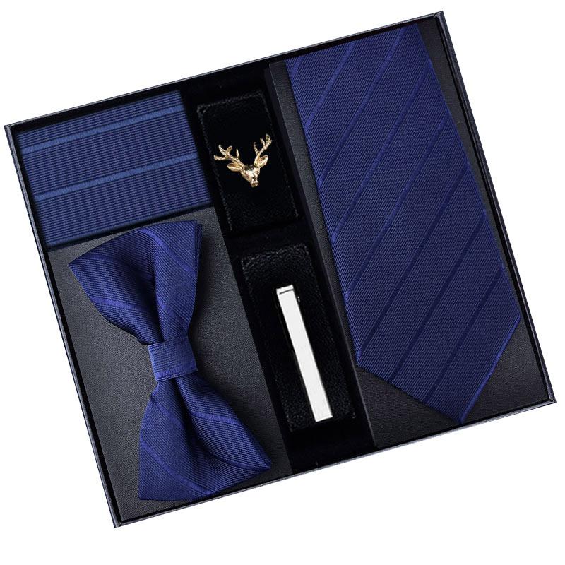 Tie Five-Piece Men'S Business Dress 8Cm Tie Blue Zipper Black Hand Tie Square Scarf Cufflinks