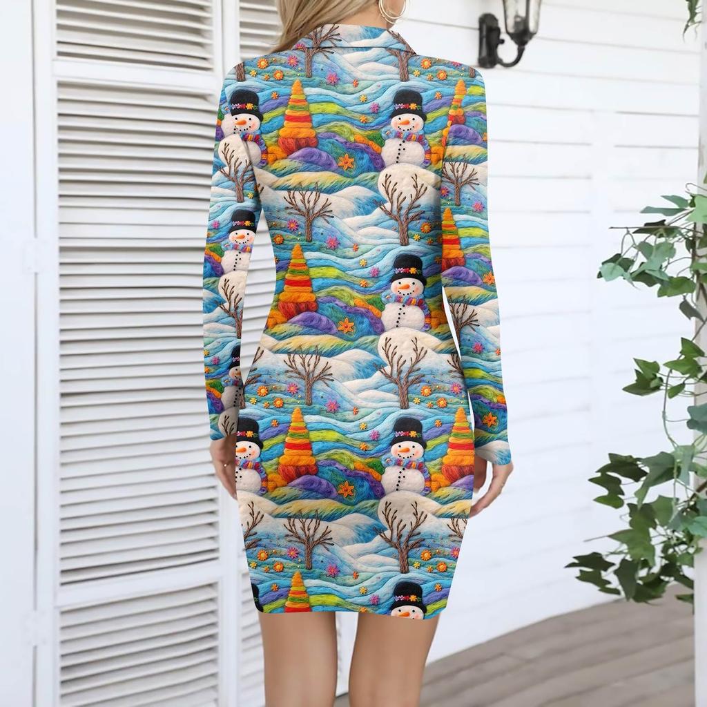 Women's V-neck Casual Print Long-sleeved Fitted Dress