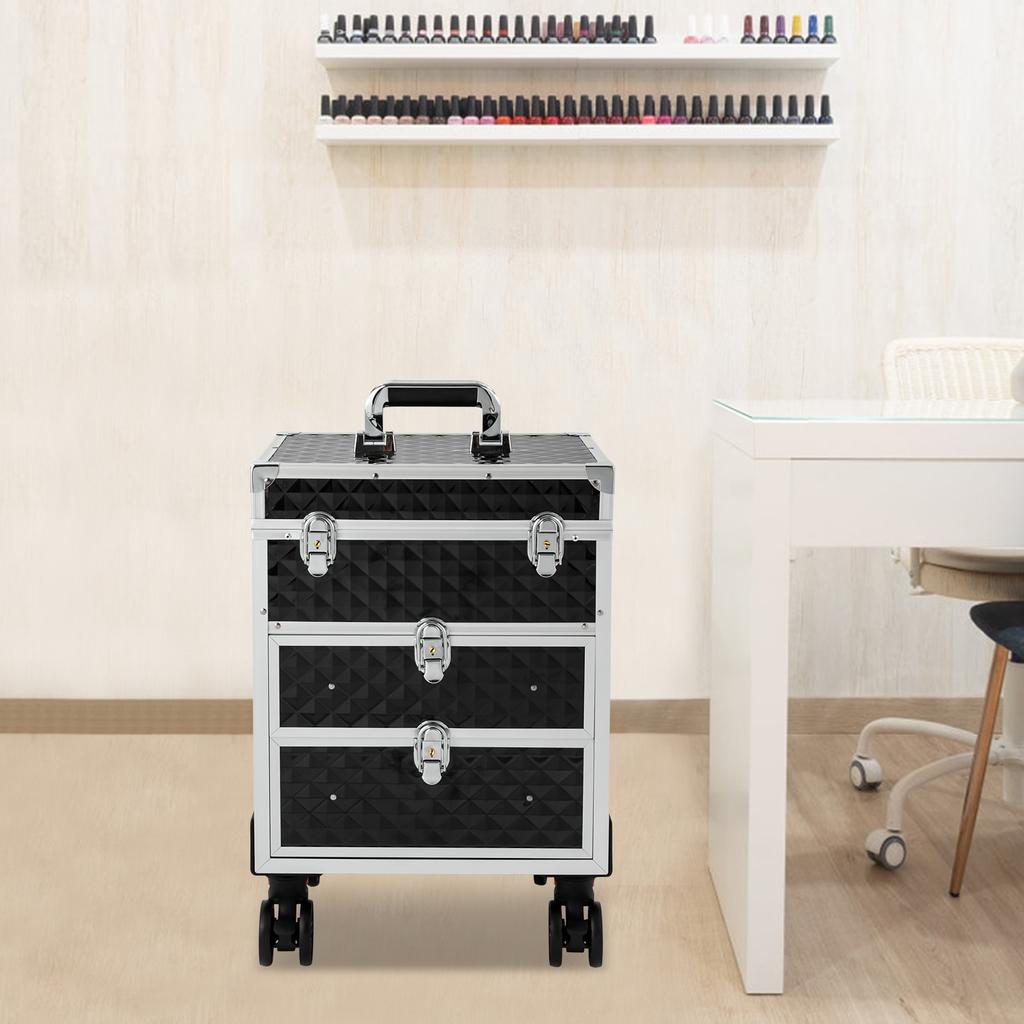 Professional Rolling Makeup Case with 3-Tier Storage & 2 Sliding Drawers, Black Cosmetic Organizer with 30kg/66lbs Load Capacity