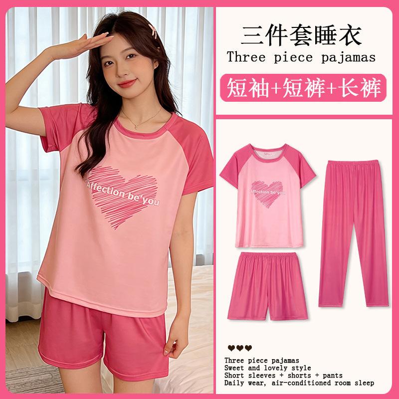Summer Korean Sweet Pajamas Women's Crew Neck Short-sleeved Three-piece Comfortable Women's Loungewear Spot Straight Hair