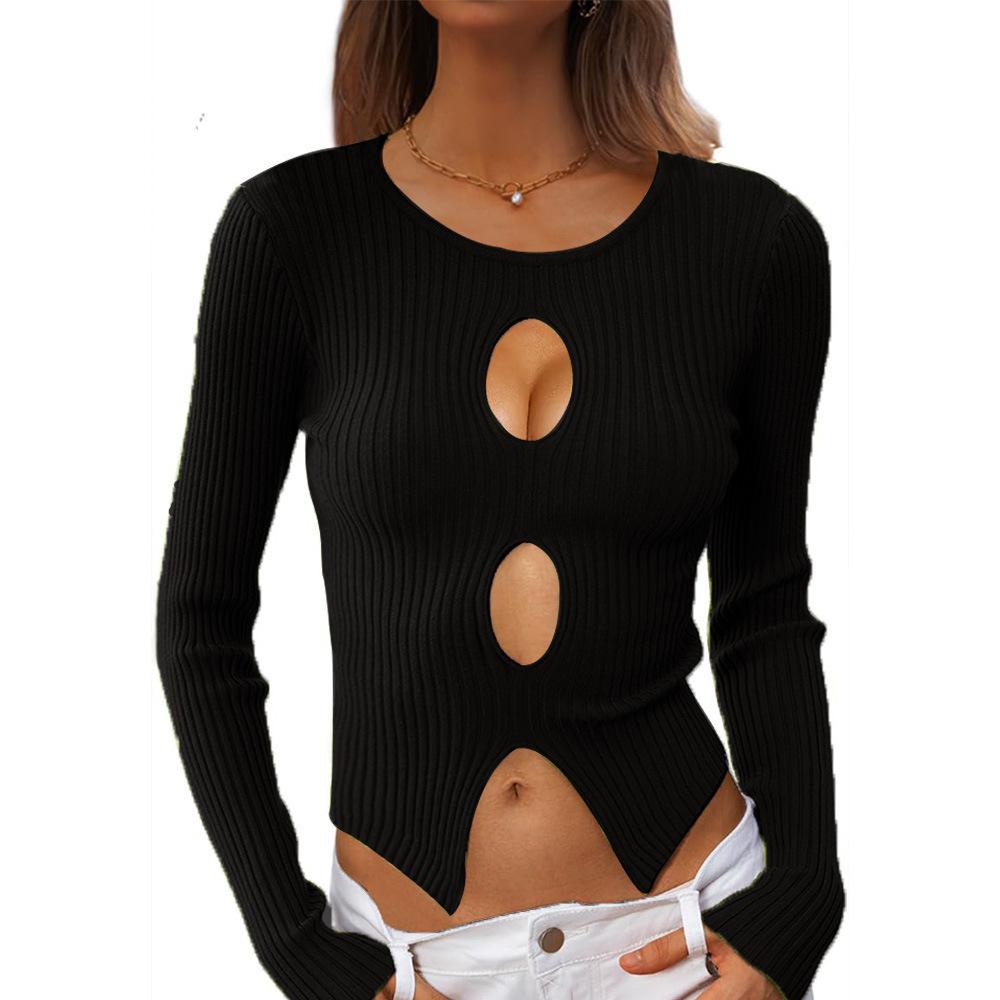 Women's Autumn Sexy Navel Top Ribbed Knit Pullover Jumper Slimming Blend Women Office Commute Comfortable and Versatile Undercoat Long Sleeves Sweater