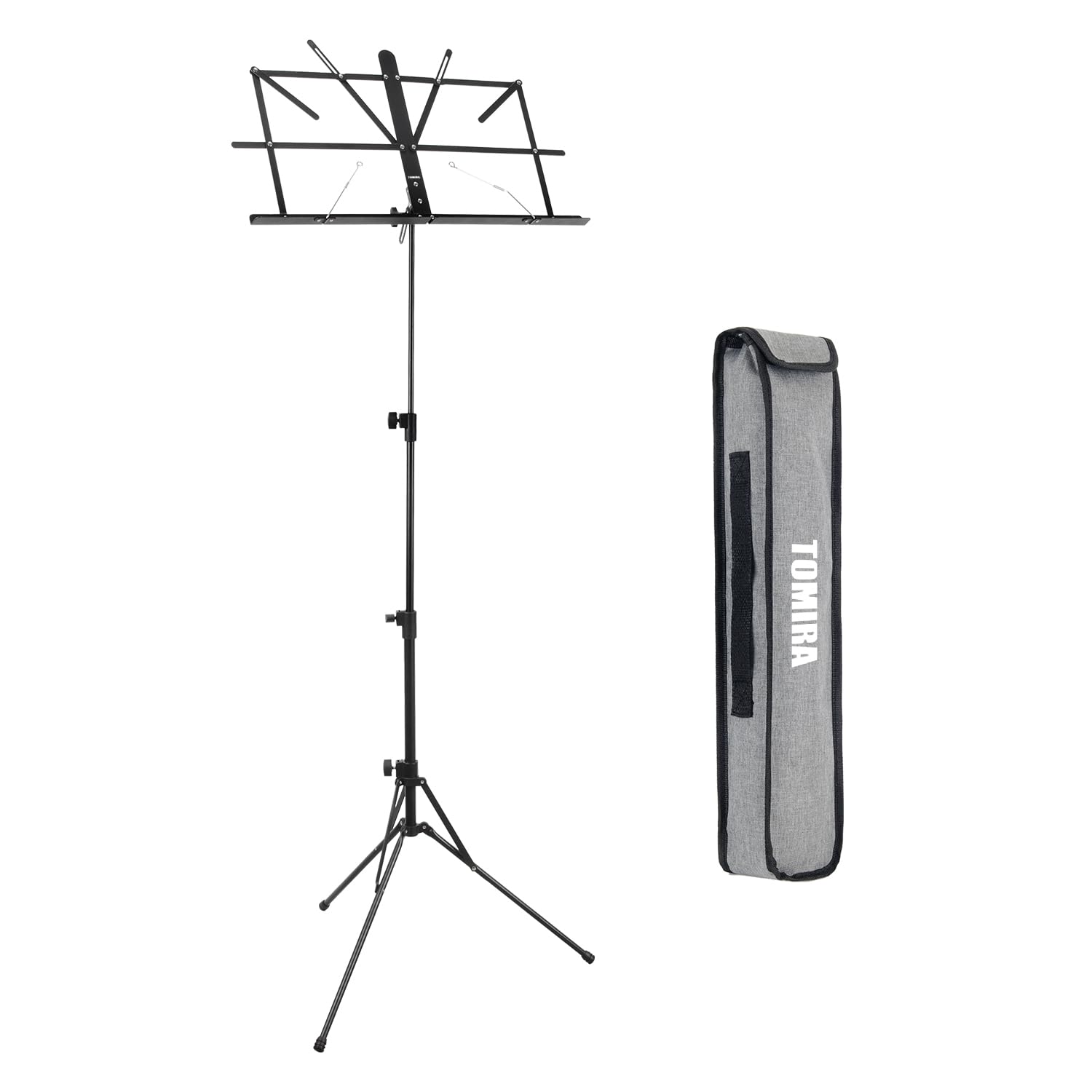

Lightweight and portable aluminum alloy music stand (under 500g), folds to approximately 46cm, and is universally sized for adults and children.