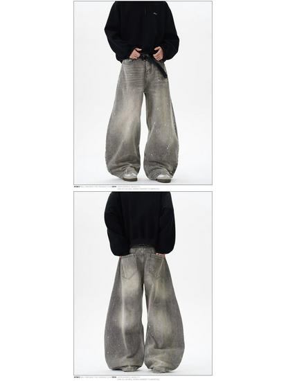 Unisex Retro Distressed Grey Splatter Paint Jeans - American Street Style