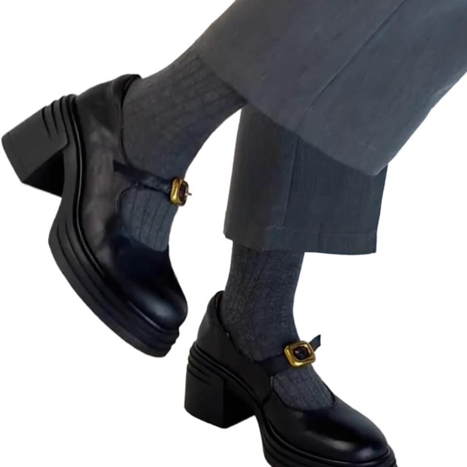 Thick-soled Round Head Small Leather Shoes Women's 2025 British Versatile Retro Light Mouth One-word Buckle Thick Heel Mary Jane Shoes Single Shoes