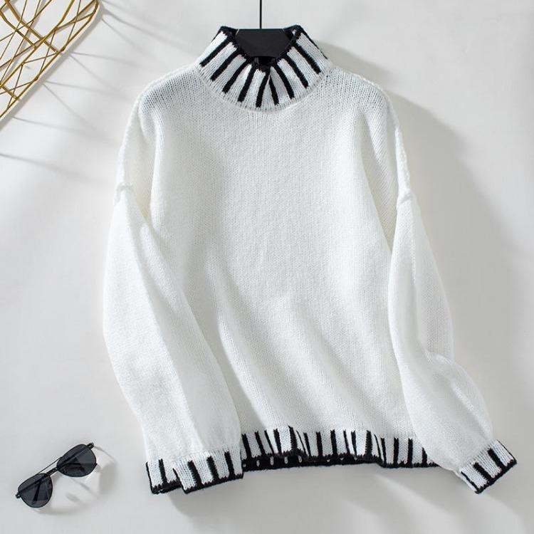 Vintage Loose Knitwear Pullover Sweater Long Sleeve Stand Color Multicolor Top for Autumn Winter