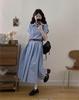 Korean Academy Style Blue Short-Sleeved Summer Shirt Dress for Women – High-End, Waist-Cinched, Fashionable Long Dress