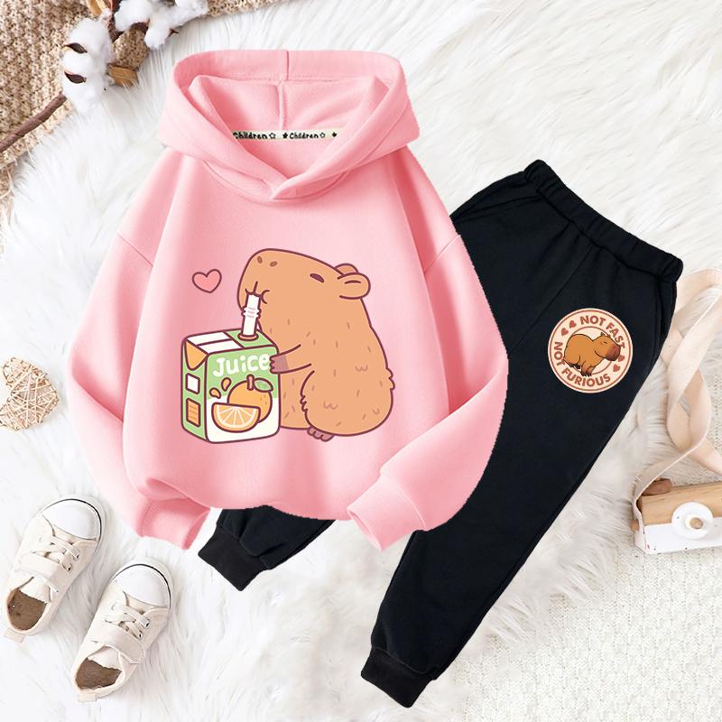 Capybara Getränk Bubble Tea lustiger Aufdruck Mädchen Mode Set Kinder Herbst und Winter Freizeit Bequem Warm Hoodie + Hose Zweiteiler Set