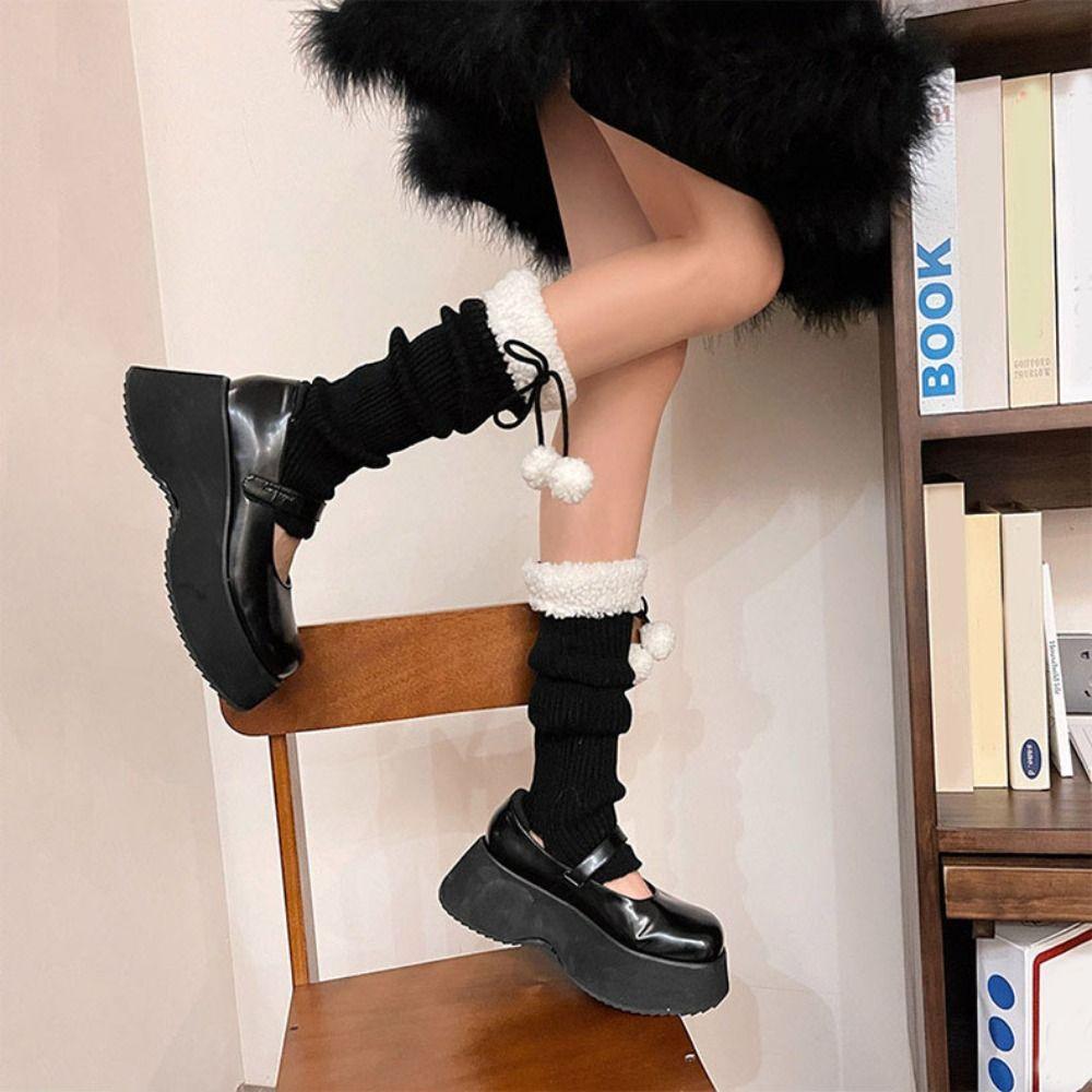 Lace Up Bowknot Lolita Stockings Plush Balls Leg Warmers Women Y2K Knitted Leg Warmer  Winter