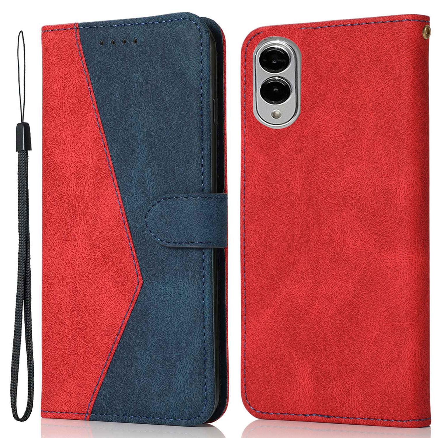 

For Samsung Galaxy S25 Edge Case Color Splicing Wallet Stand Leather Phone Cover with Wrist Strap Red+Blue