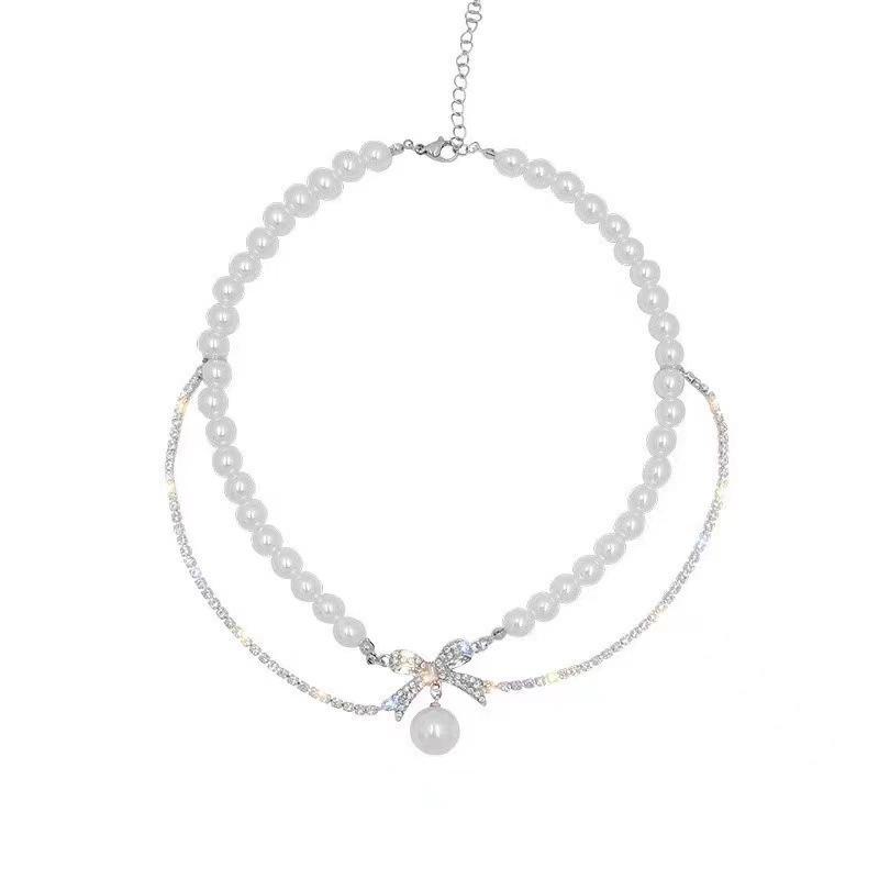 Dvouvrstvý perlový náhrdelník s mašlí pro ženy – elegantní, jedinečný, špičkový řetízek klíční kosti