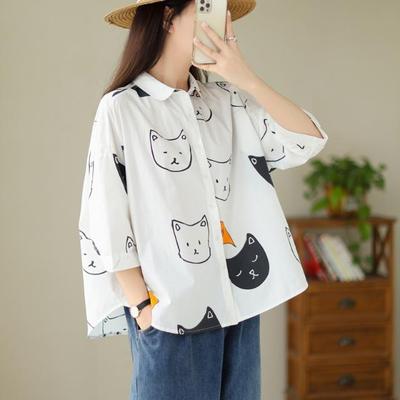 Women Summer Loose Cartoon Printed Shirts Cute Casual Oversized Short Sleeve Tops Plus Size Shirt