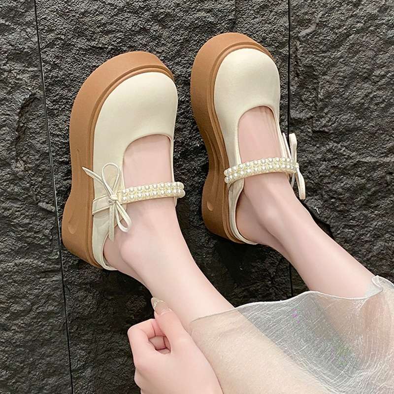Fairy Wind Bag Head Half Slippers Female Summer Wear 2025 New Pearl Bow Thick Bottom Lazy Cool Slippers