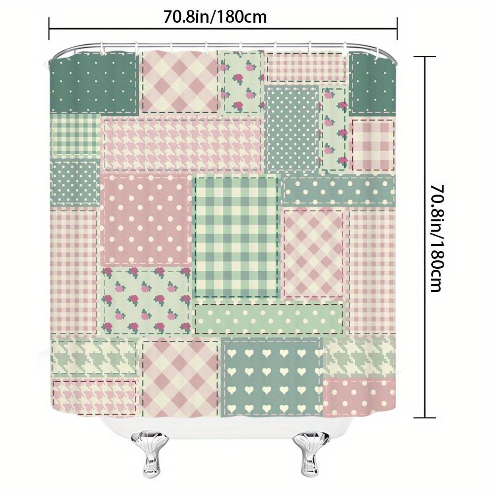 

Vintage Patchwork Quilt Shower Curtain Pastel Floral Checkered Polka Dot Soft Green Background With 12 Hooks W60H190(CM)-1 Pcs