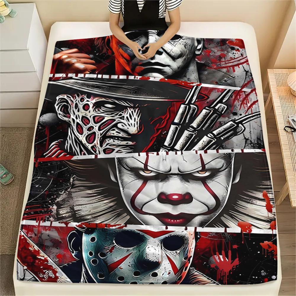 1 szt. Koc flanelowy z nadrukiem z filmu grozy, Wysokiej jakości, Wygodny na wszystkie pory roku, Wystrój domu, Ciepło i komfort, Idealny na prezenty świąteczne