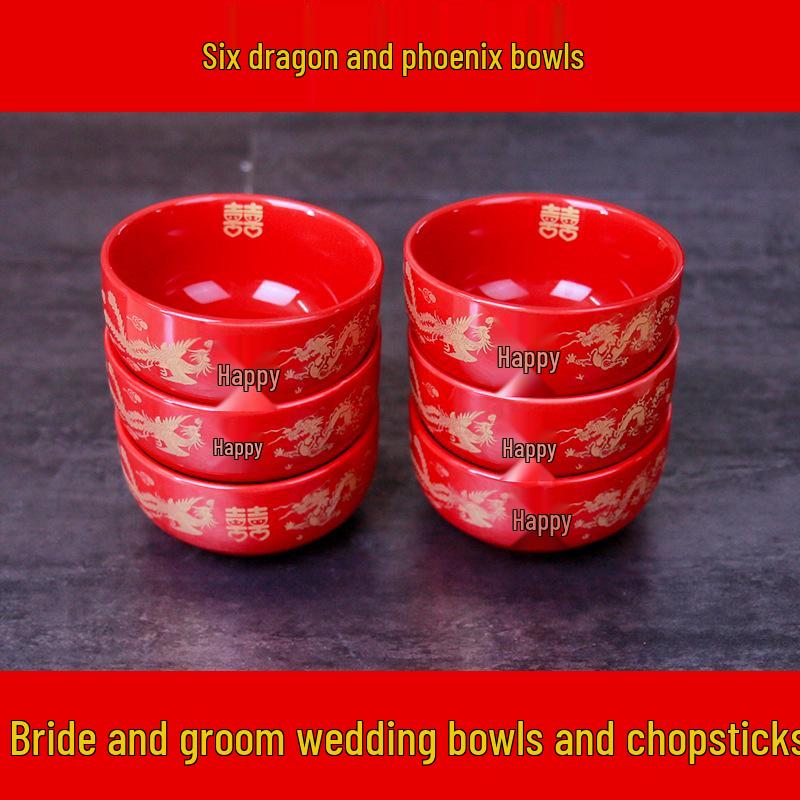 Festive Newlywed Ceramic Bowl & Chopstick Set: Happy Bowls & Red Soup Spoon for Wedding Banquet Tableware