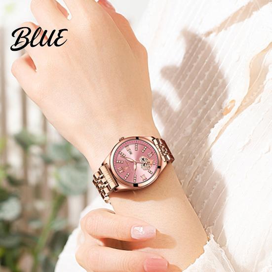Round Dial Women Rhinestone Dress Steel Strap Luminous Stainless Watch Waterproof Calendar Display Wristwatch Fashion